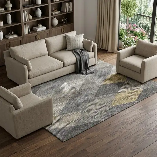Pewter Gold And Ivory Geometric Washable Area Rug With UV Protection Photo 1