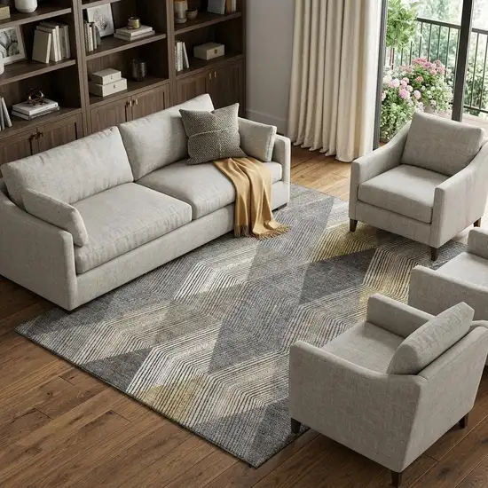 Pewter Gold And Ivory Geometric Washable Area Rug With UV Protection Photo 1