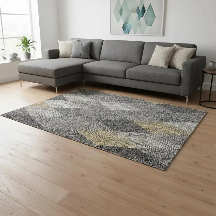 Pewter Gold And Ivory Geometric Washable Area Rug With UV Protection Photo 2