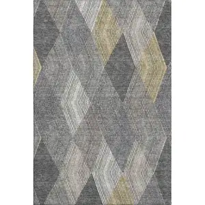 Photo of Pewter Gold And Ivory Geometric Washable Area Rug With UV Protection