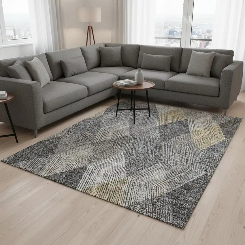 Pewter Gold And Ivory Geometric Washable Area Rug With UV Protection Photo 2