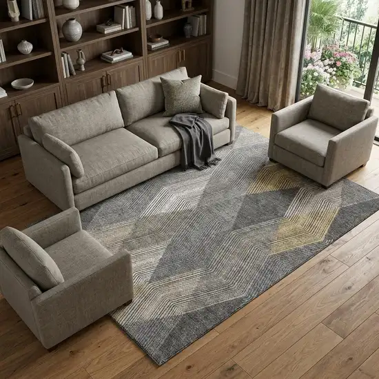 Pewter Gold And Ivory Geometric Washable Area Rug With UV Protection Photo 1