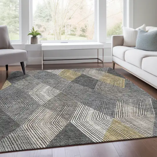 Pewter Gold And Ivory Geometric Washable Area Rug With UV Protection Photo 5