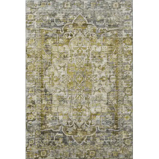 Pewter Gold And Ivory Oriental Washable Area Rug With UV Protection Photo 2