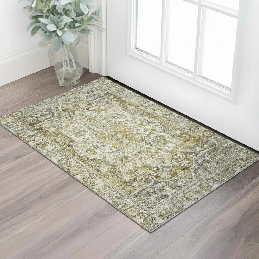Pewter Gold And Ivory Oriental Washable Area Rug With UV Protection Photo 2