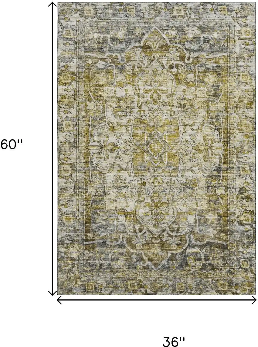 Pewter Gold And Ivory Oriental Washable Area Rug With UV Protection Photo 9