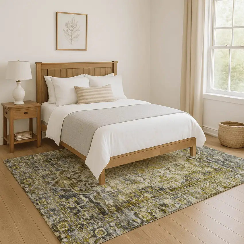 Pewter Gold And Ivory Oriental Washable Area Rug With UV Protection Photo 5