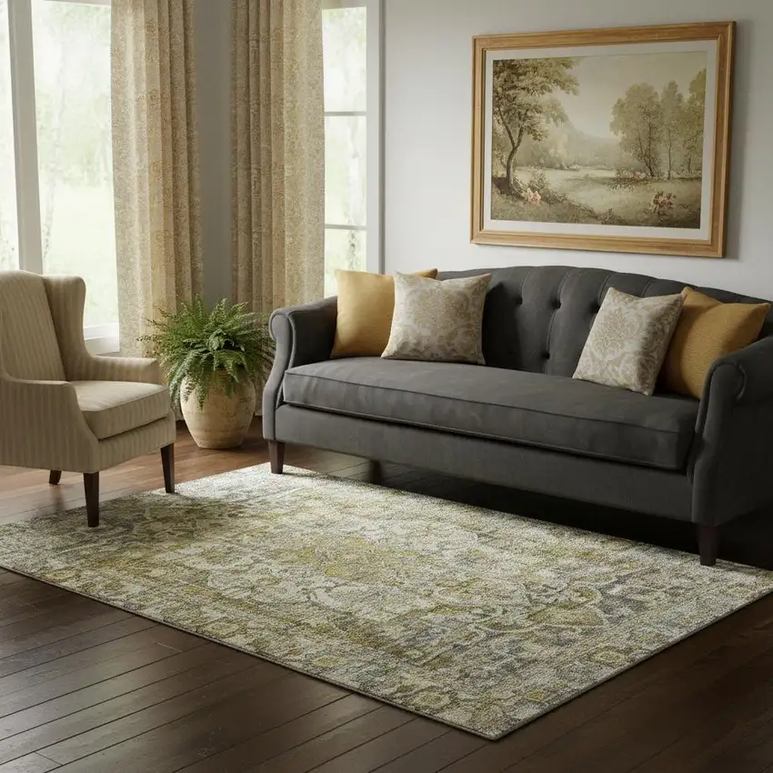 Pewter Gold And Ivory Oriental Washable Area Rug With UV Protection Photo 2