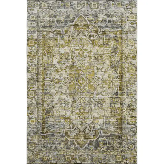 Pewter Gold And Ivory Oriental Washable Area Rug With UV Protection Photo 1