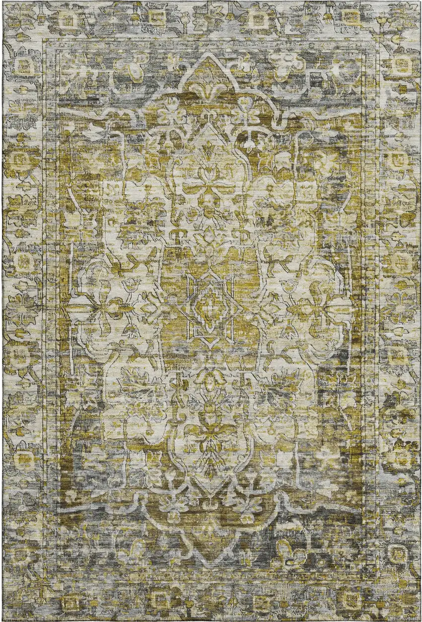 Pewter Gold And Ivory Oriental Washable Area Rug With UV Protection Photo 1