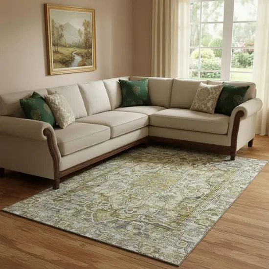 Pewter Gold And Ivory Oriental Washable Area Rug With UV Protection Photo 2