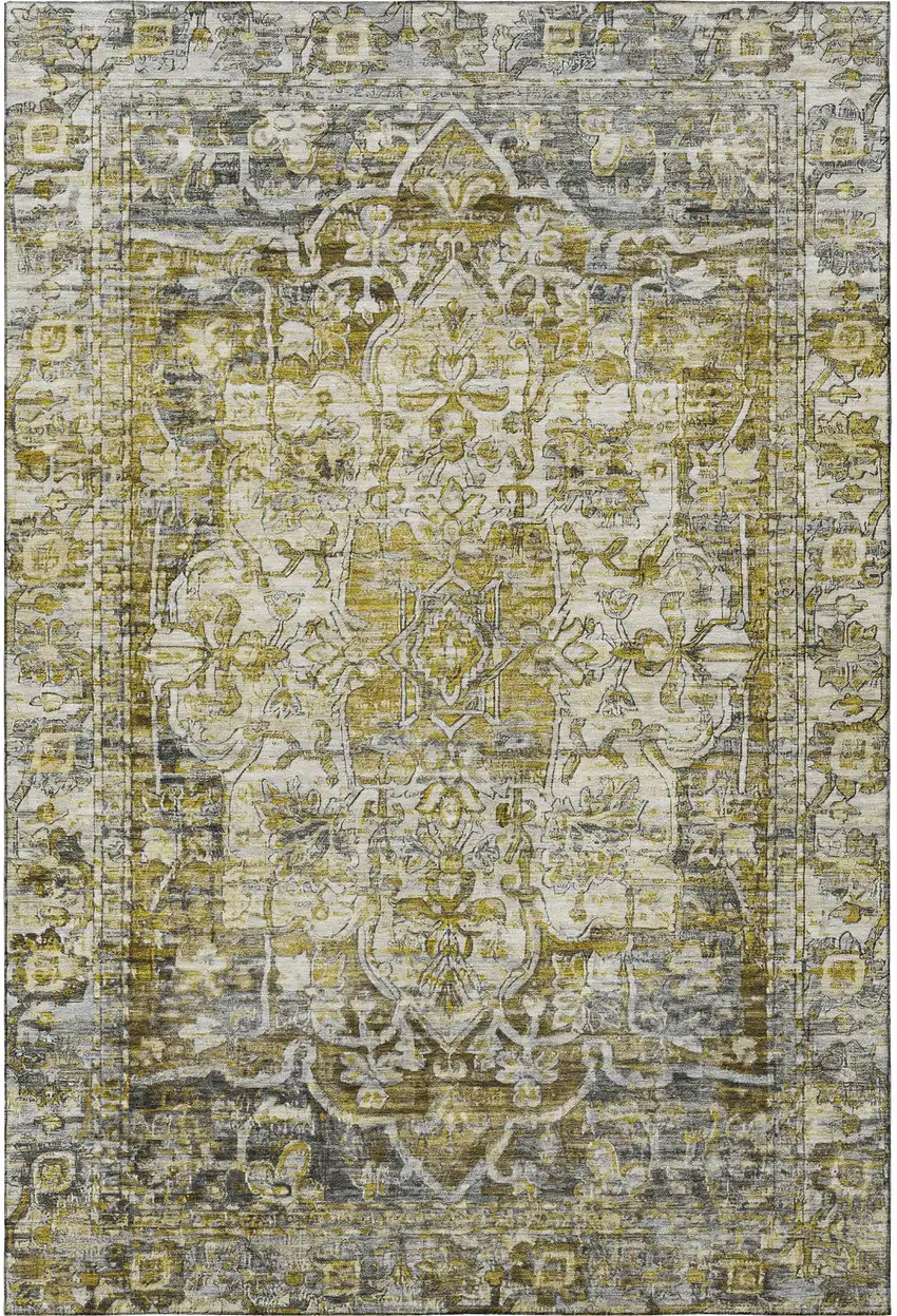 Pewter Gold And Ivory Oriental Washable Area Rug With UV Protection Photo 3
