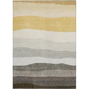 Photo of Pewter Gold And Ivory Striped Washable Indoor Outdoor Area Rug
