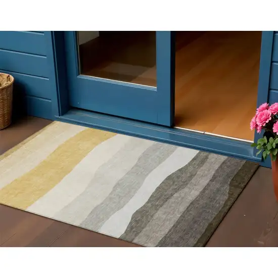 Pewter Gold And Ivory Striped Washable Indoor Outdoor Area Rug Photo 2