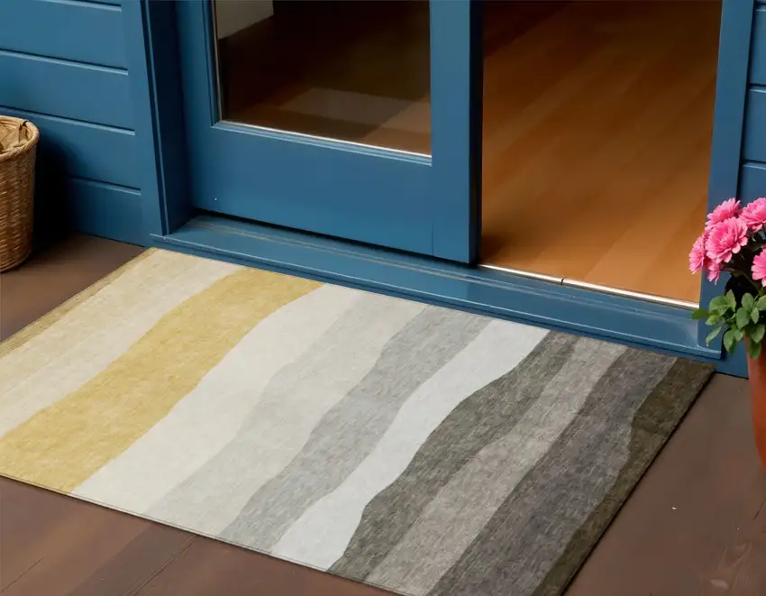 Pewter Gold And Ivory Striped Washable Indoor Outdoor Area Rug Photo 2