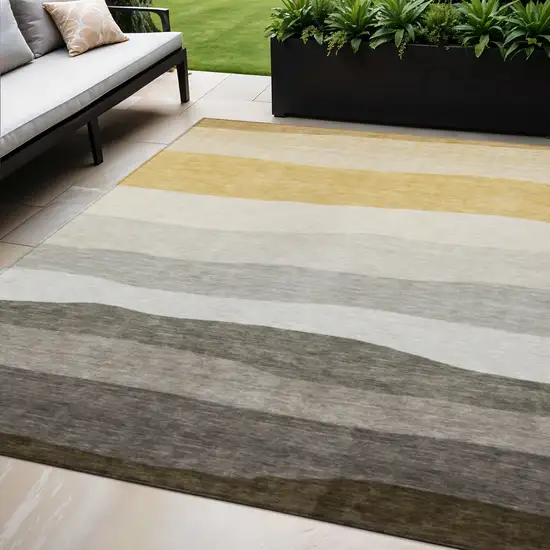 Pewter Gold And Ivory Striped Washable Indoor Outdoor Area Rug Photo 2