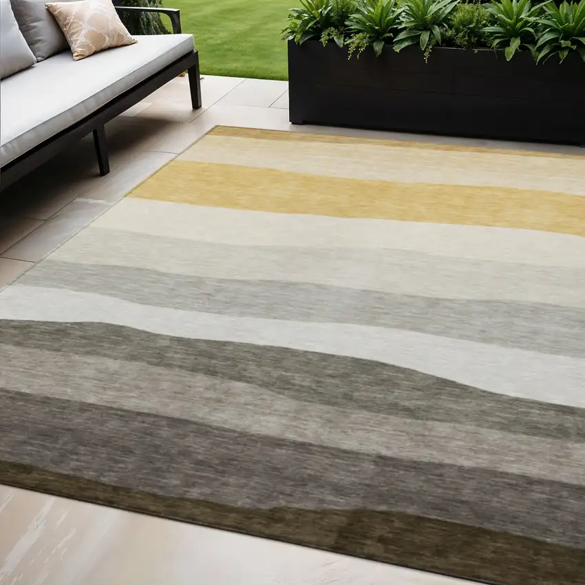 Pewter Gold And Ivory Striped Washable Indoor Outdoor Area Rug Photo 2