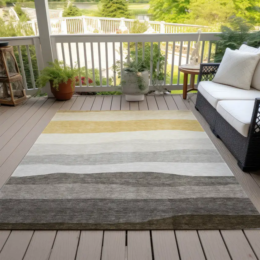 Pewter Gold And Ivory Striped Washable Indoor Outdoor Area Rug Photo 8