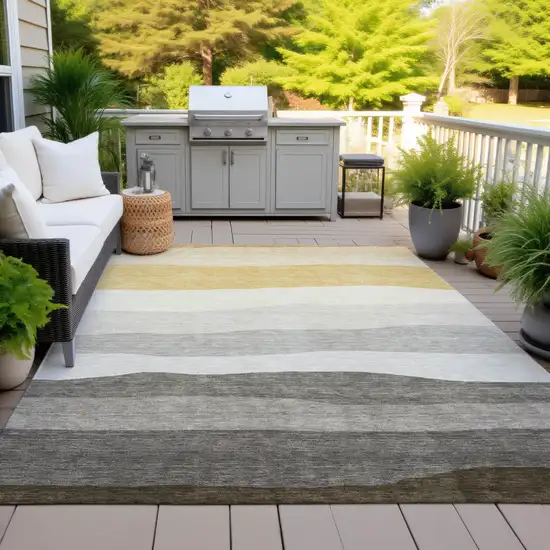 Pewter Gold And Ivory Striped Washable Indoor Outdoor Area Rug Photo 5