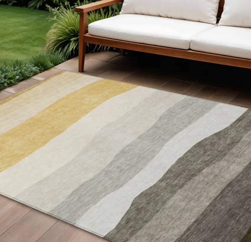 Pewter Gold And Ivory Striped Washable Indoor Outdoor Area Rug Photo 2