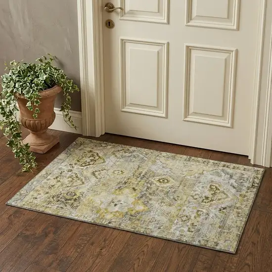 Pewter Gold And Silver Floral Washable Area Rug With UV Protection Photo 1