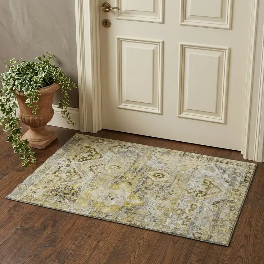 Pewter Gold And Silver Floral Washable Area Rug With UV Protection Photo 1