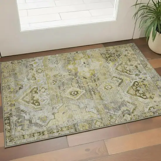Pewter Gold And Silver Floral Washable Area Rug With UV Protection Photo 2