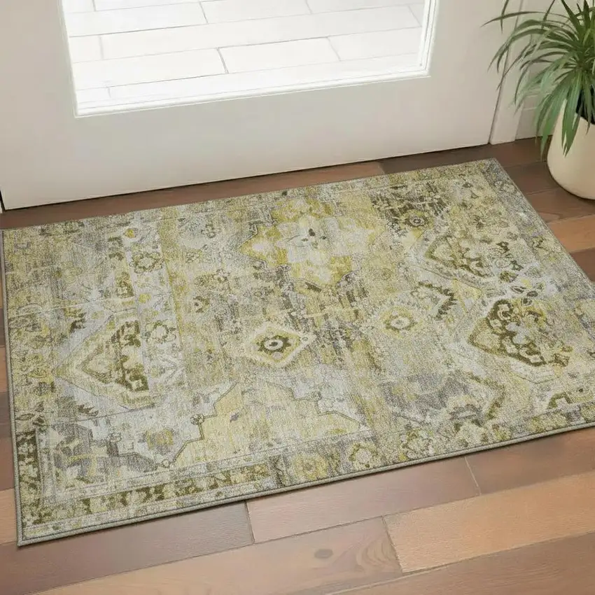 Pewter Gold And Silver Floral Washable Area Rug With UV Protection Photo 2