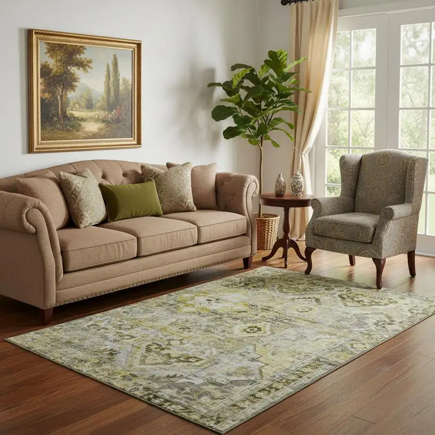 Pewter Gold And Silver Floral Washable Area Rug With UV Protection Photo 2