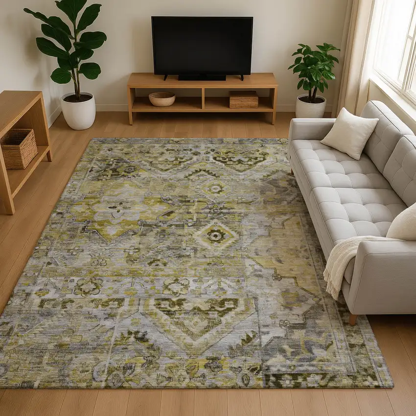 Pewter Gold And Silver Floral Washable Area Rug With UV Protection Photo 4