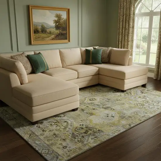 Pewter Gold And Silver Floral Washable Area Rug With UV Protection Photo 2