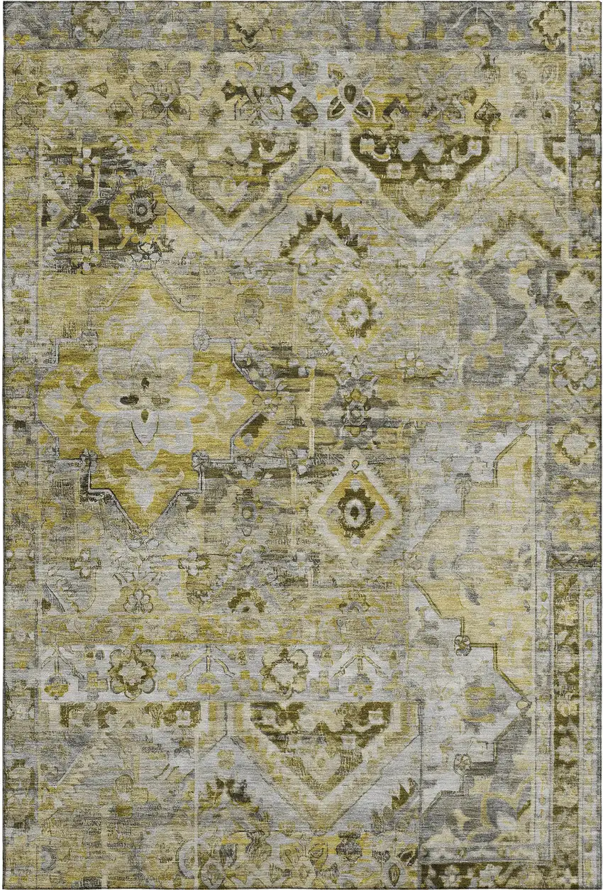 Pewter Gold And Silver Floral Washable Area Rug With UV Protection Photo 1