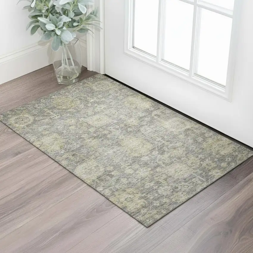 Pewter Gray And Beige Damask Washable Area Rug With UV Protection Photo 2