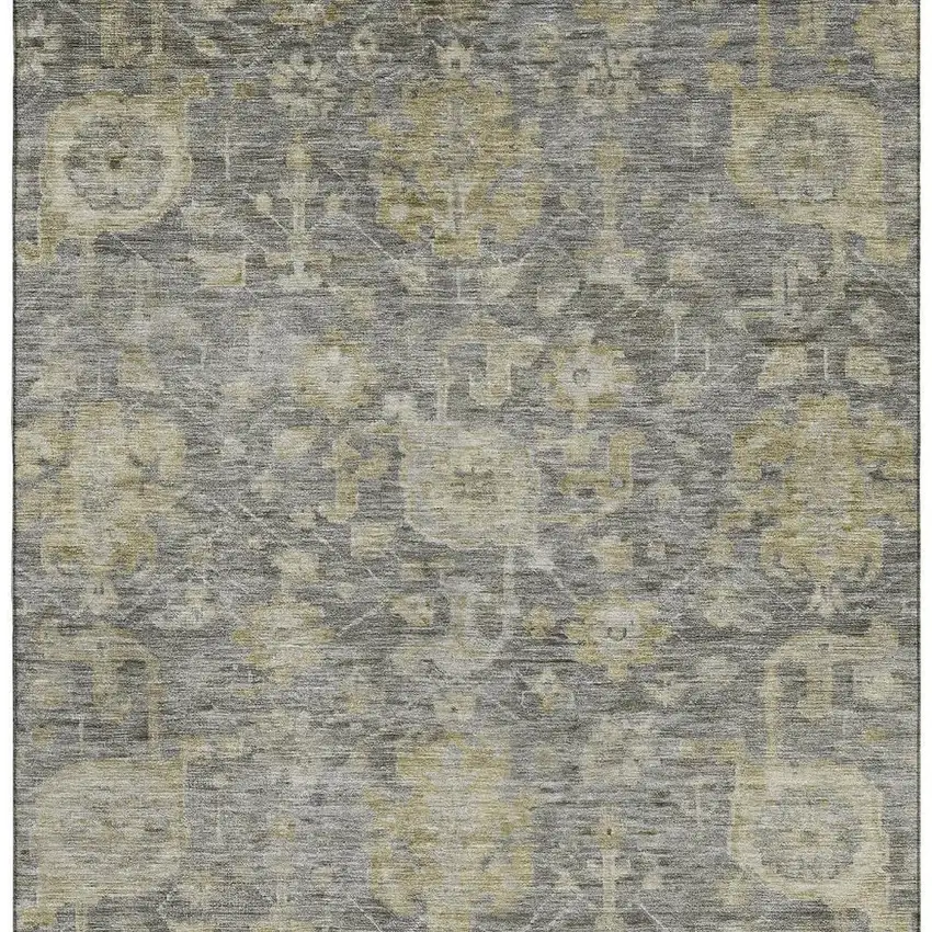 Pewter Gray And Beige Damask Washable Area Rug With UV Protection Photo 3