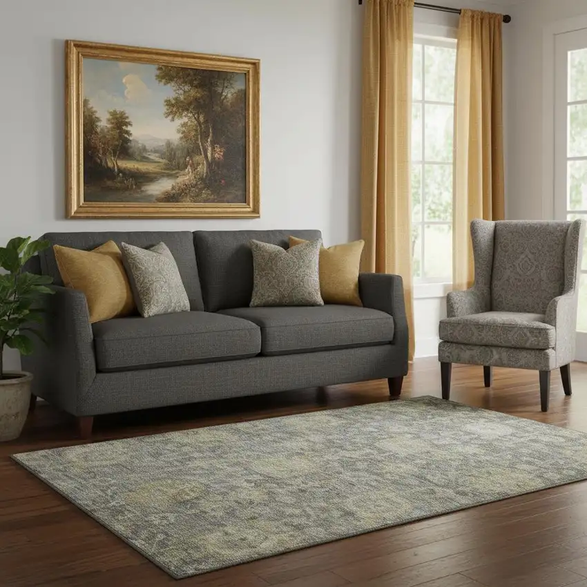 Pewter Gray And Beige Damask Washable Area Rug With UV Protection Photo 2