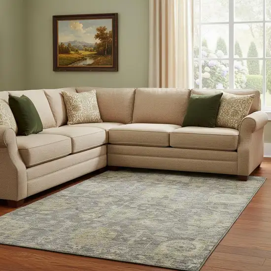 Pewter Gray And Beige Damask Washable Area Rug With UV Protection Photo 2