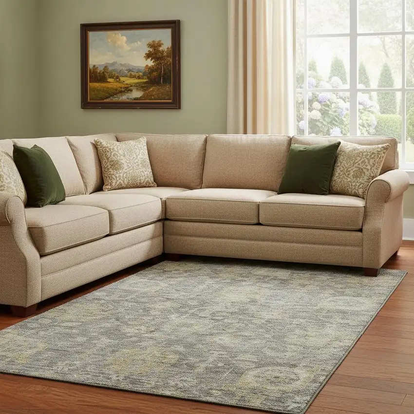 Pewter Gray And Beige Damask Washable Area Rug With UV Protection Photo 2