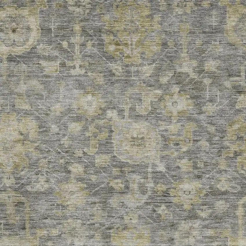 Pewter Gray And Beige Damask Washable Area Rug With UV Protection Photo 2