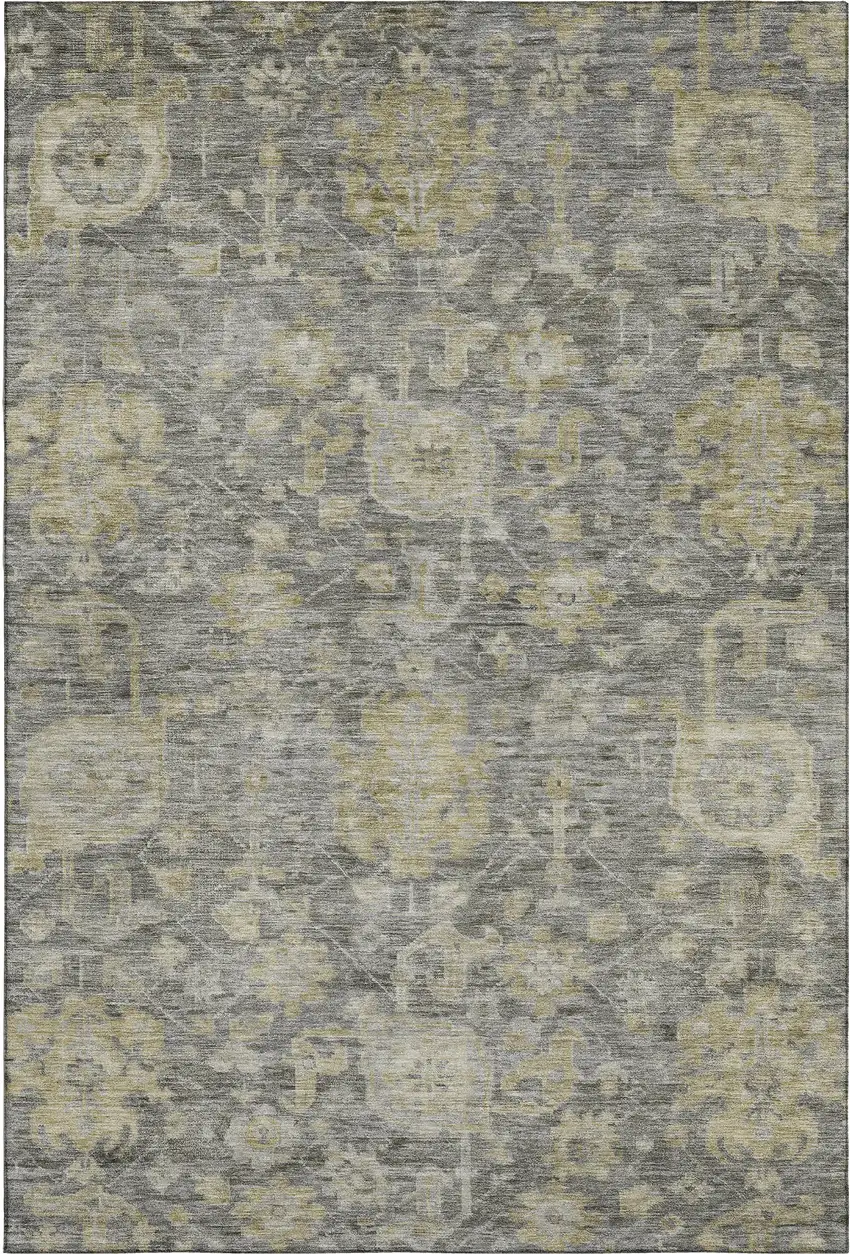 Pewter Gray And Beige Damask Washable Area Rug With UV Protection Photo 1