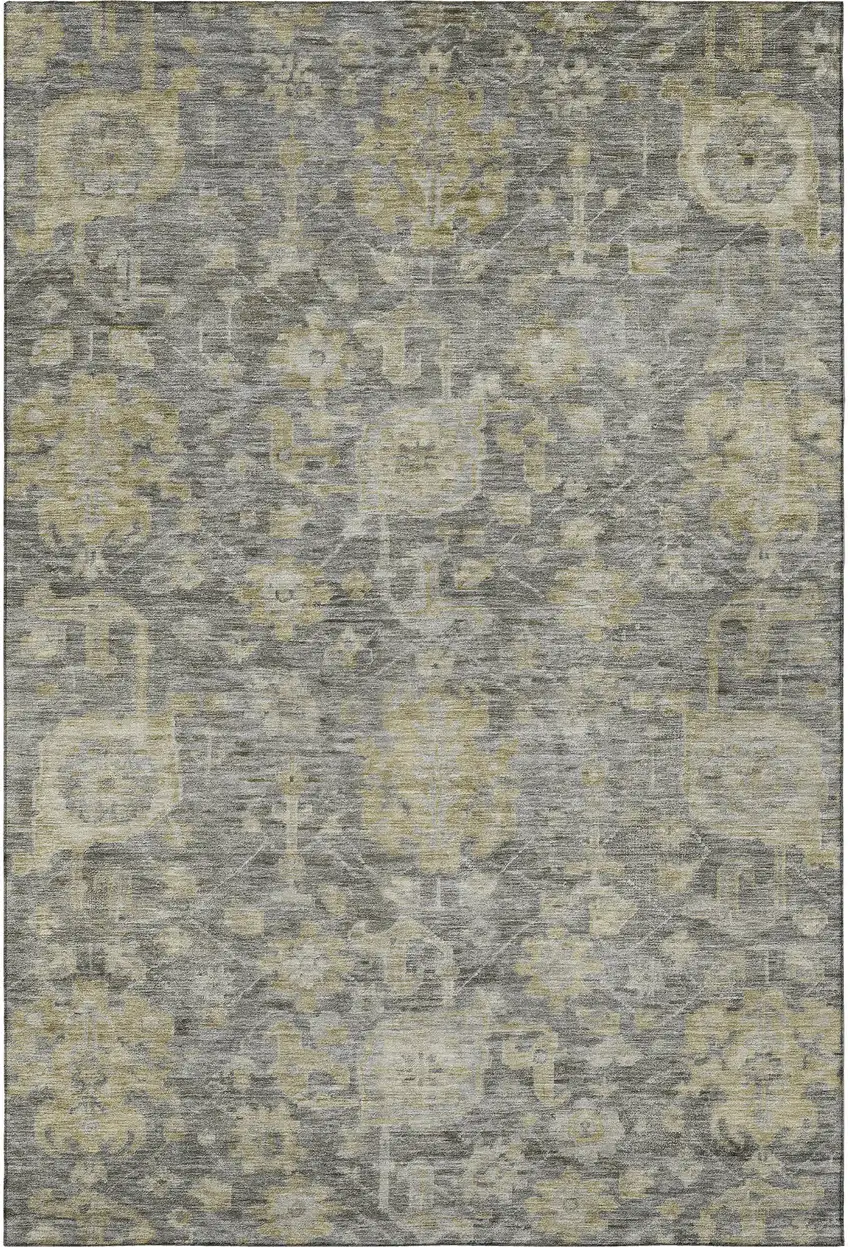 Pewter Gray And Beige Damask Washable Area Rug With UV Protection Photo 3