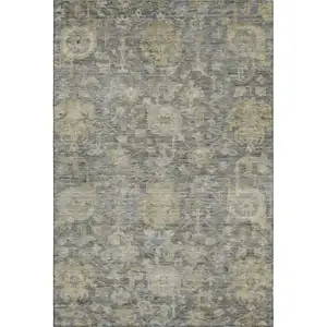 Photo of Pewter Gray And Beige Damask Washable Area Rug With UV Protection
