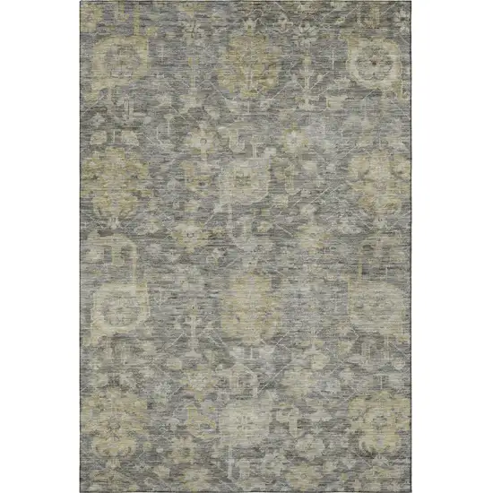 Pewter Gray And Beige Damask Washable Area Rug With UV Protection Photo 3