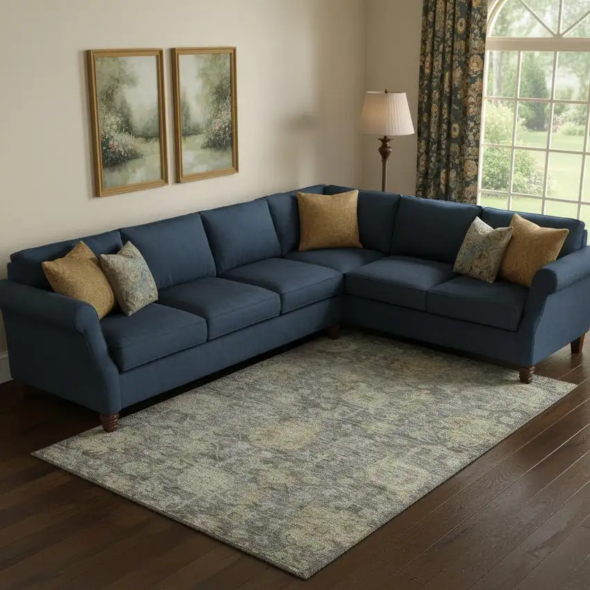 Pewter Gray And Beige Damask Washable Area Rug With UV Protection Photo 2