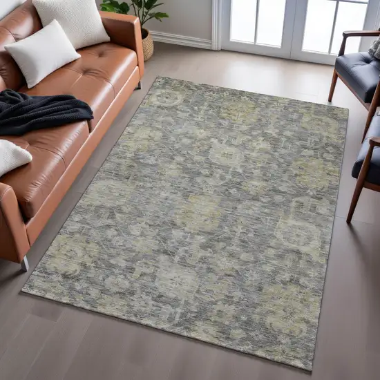 Pewter Gray And Beige Damask Washable Area Rug With UV Protection Photo 5