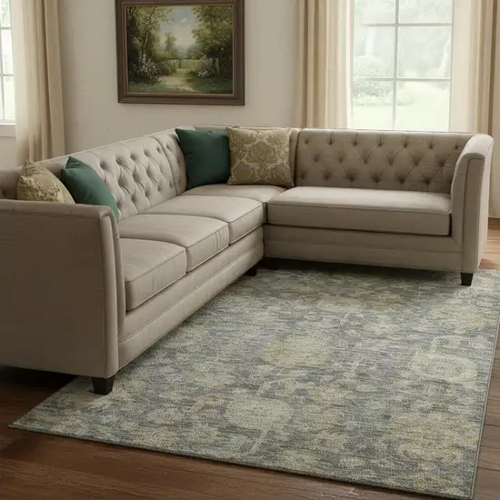 Pewter Gray And Beige Damask Washable Area Rug With UV Protection Photo 2