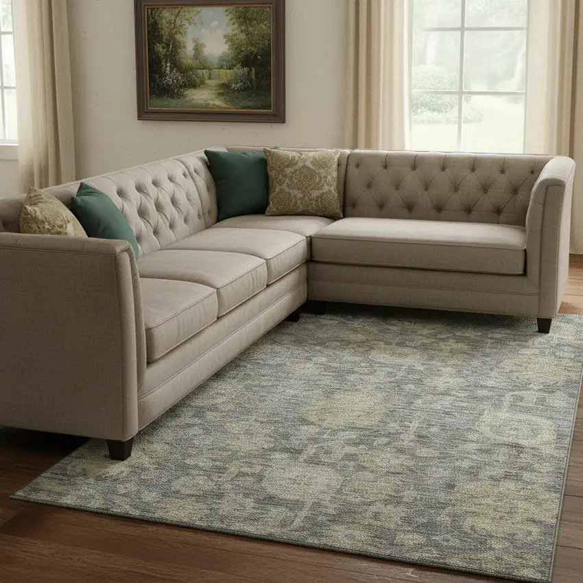 Pewter Gray And Beige Damask Washable Area Rug With UV Protection Photo 2