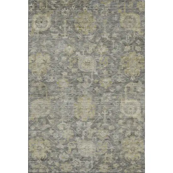 Pewter Gray And Beige Damask Washable Area Rug With UV Protection Photo 1