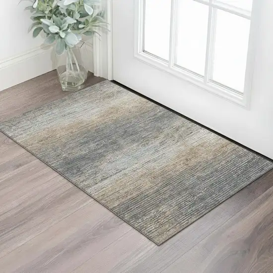 Pewter Gray And Beige Striped Washable Area Rug With UV Protection Photo 2