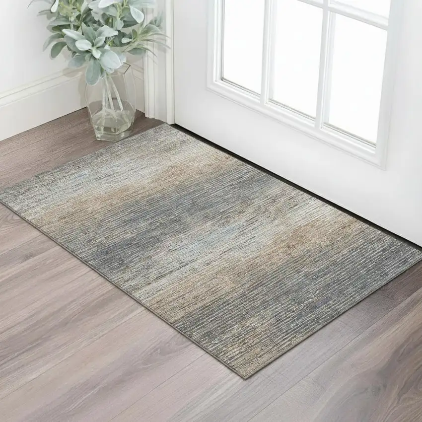 Pewter Gray And Beige Striped Washable Area Rug With UV Protection Photo 2