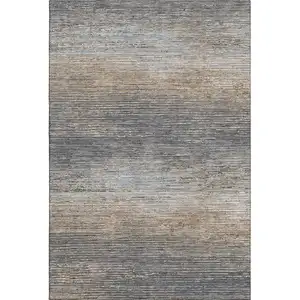 Photo of Pewter Gray And Beige Striped Washable Area Rug With UV Protection